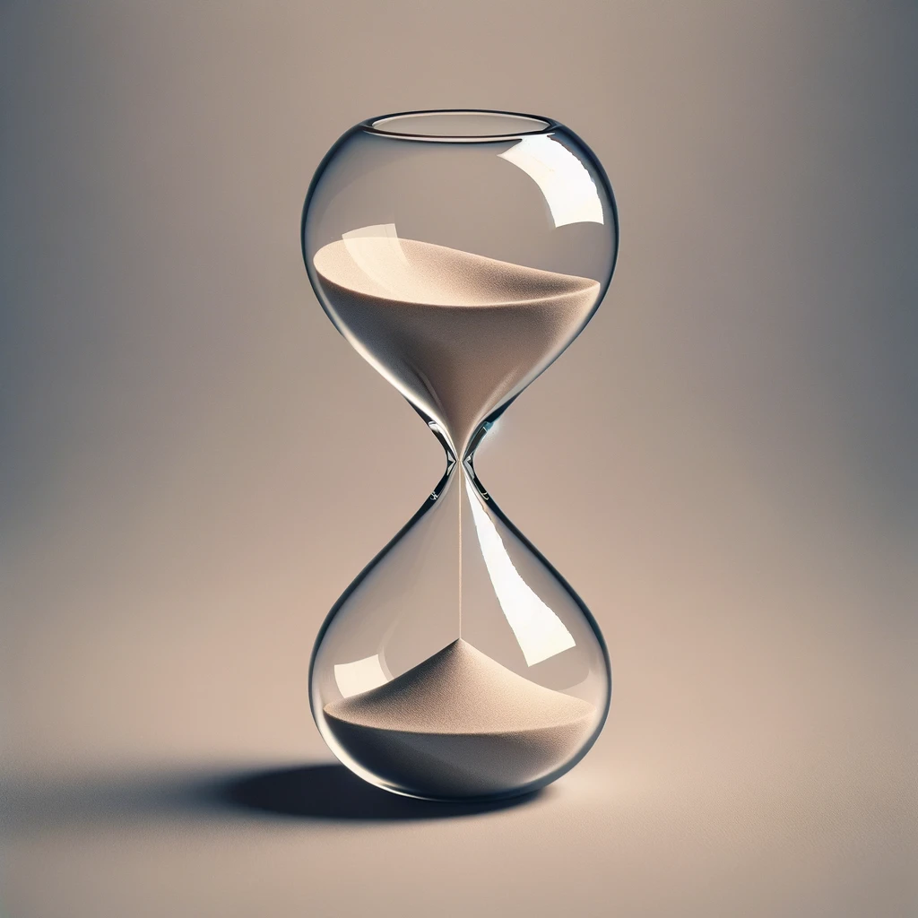 clessidra di vetro con sabbia all'interno e sfondo sfumato color sabbia.