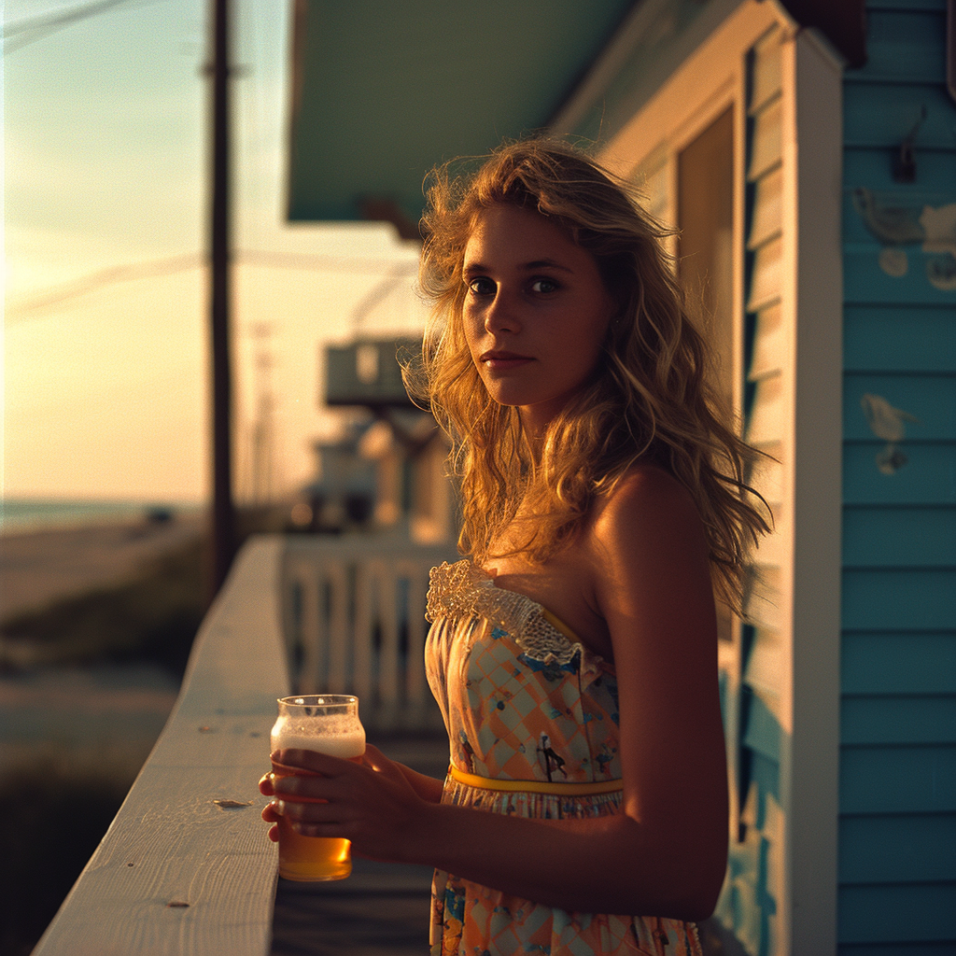 ragazza bionda con birra in mano al tramonto