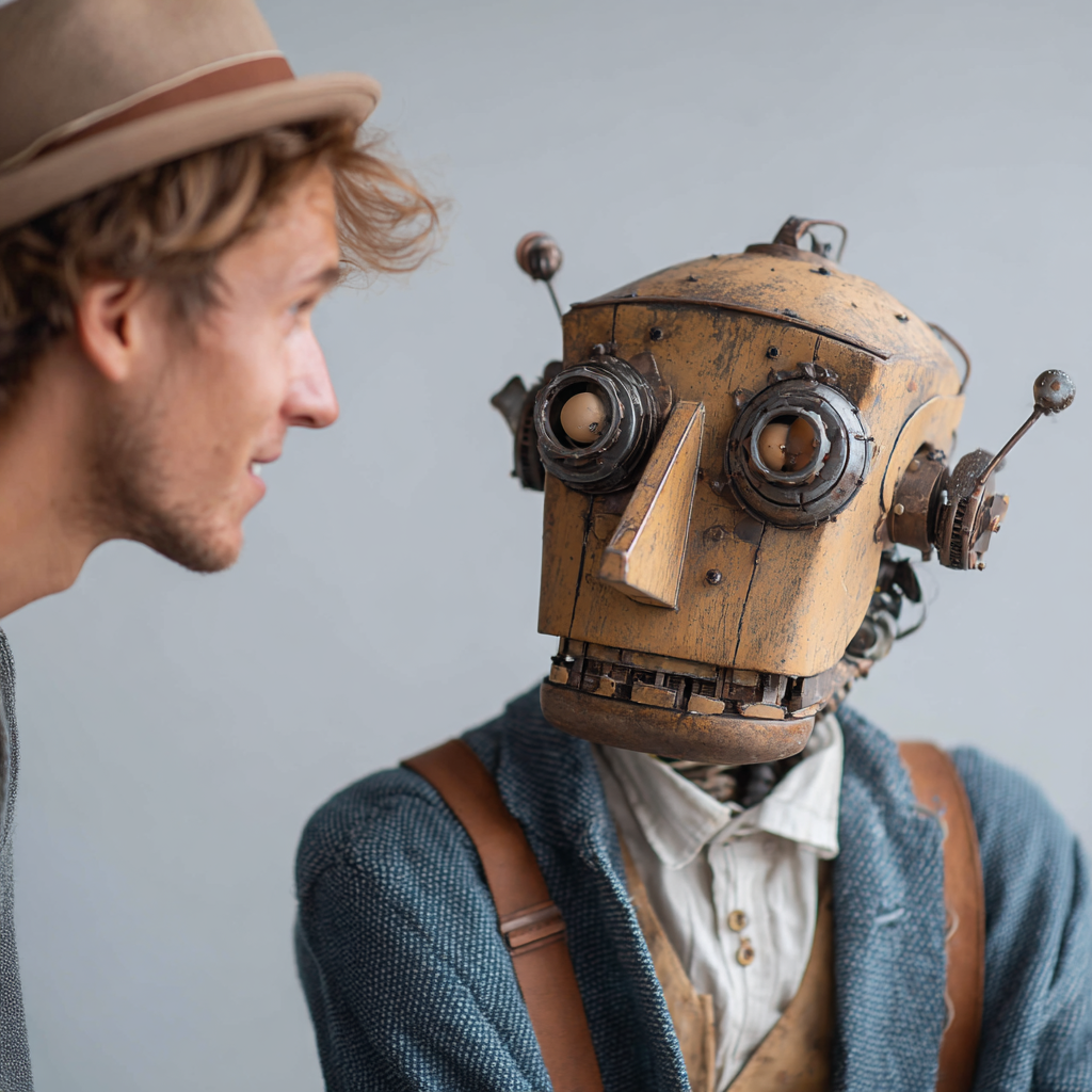 La seduzione dell’ignoranza ha un volto di legno un robot di legno parla con una persona.